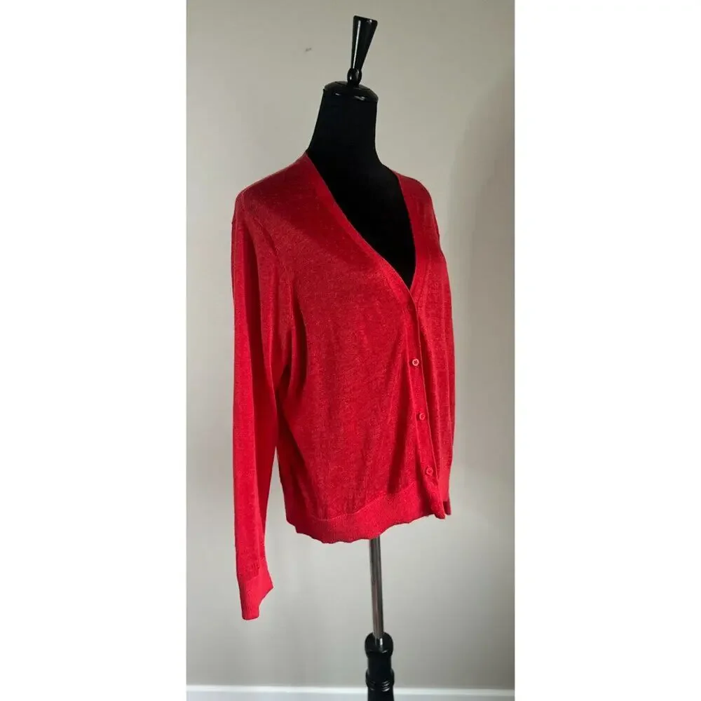 RALPH LAUREN Red Eyelet Back Long Sleeve Linen Cardigan Size XL